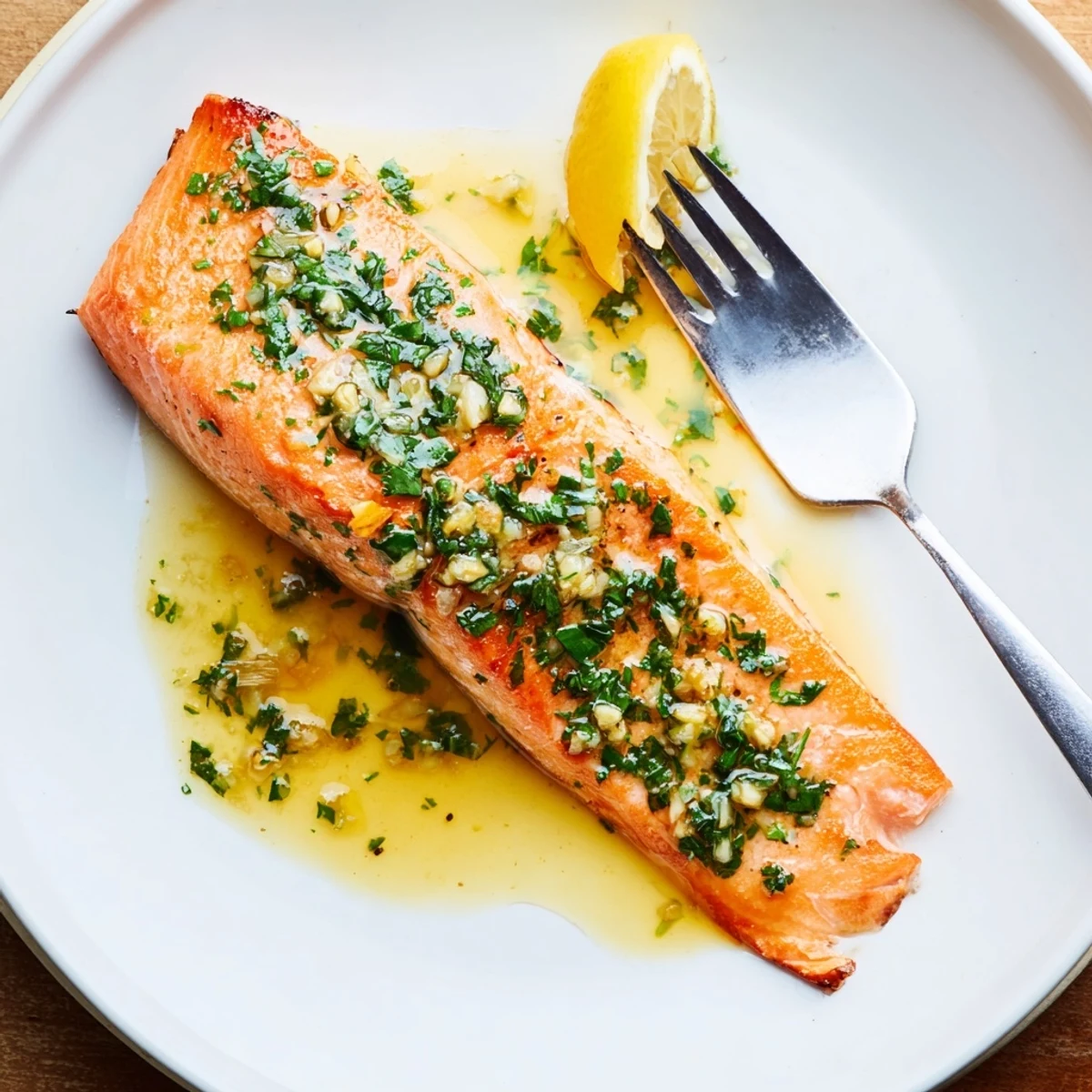 Golden garlic butter salmon fillets glistening with rich lemon herb sauce on a plate