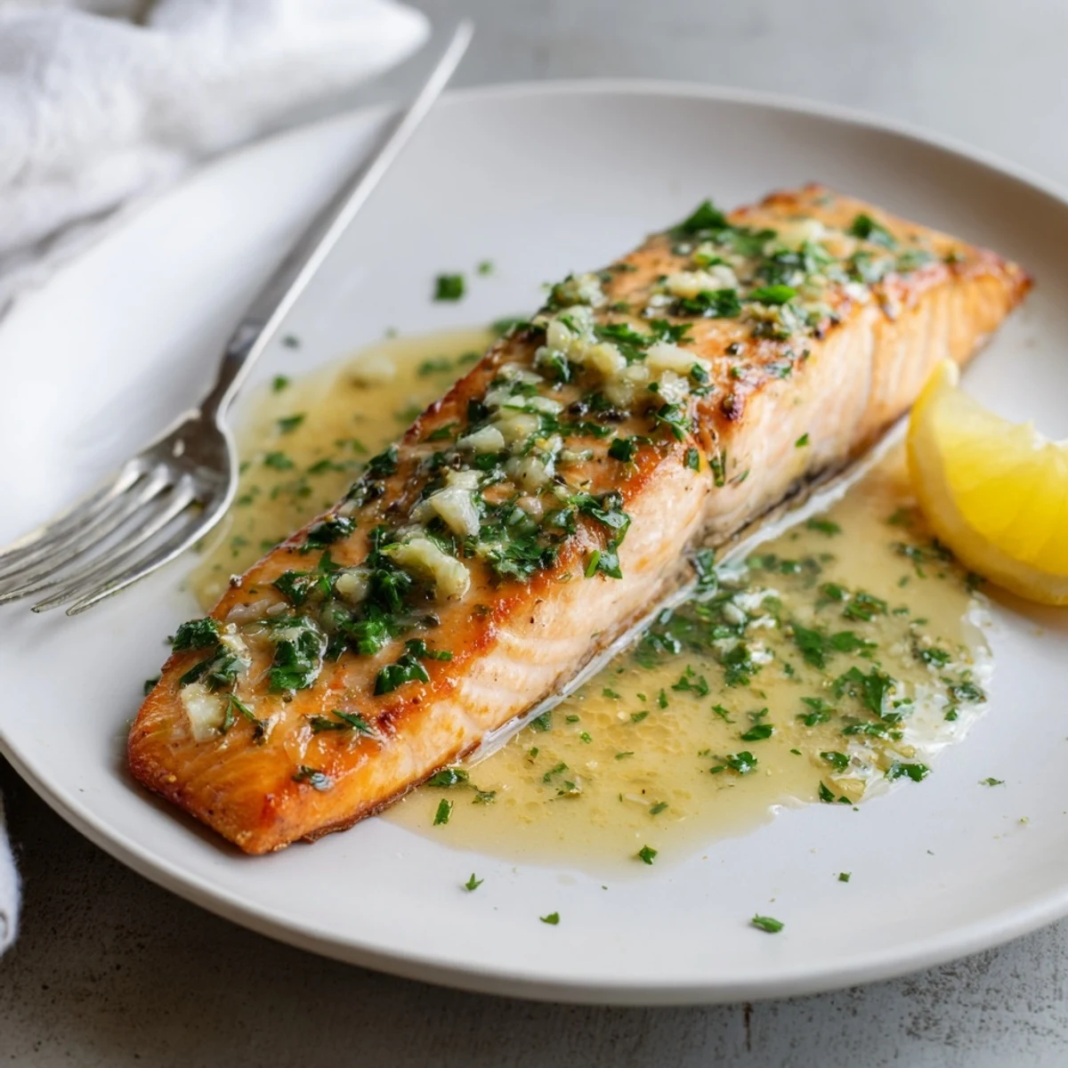Sizzling garlic butter salmon drizzled with melted sauce served alongside steamed vegetables