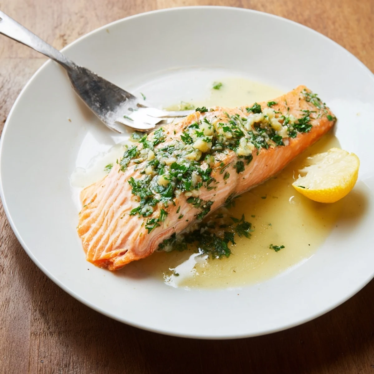 Pan-seared garlic butter salmon topped with fresh parsley and bright lemon wedges