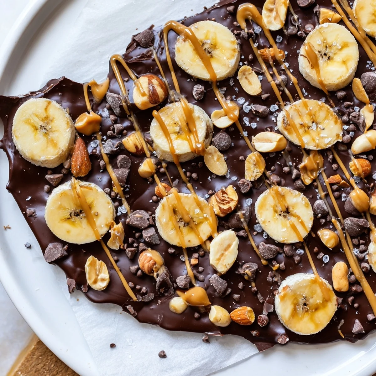 Glossy chocolate banana bark topped with crushed nuts and flaky sea salt on parchment paper