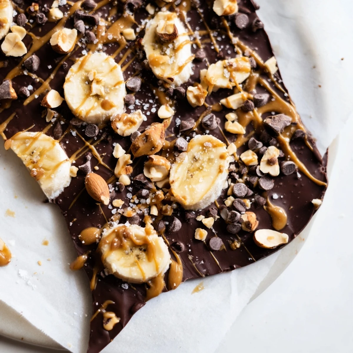 Dark chocolate banana bark studded with roasted peanuts and drizzled peanut butter, frozen until crisp