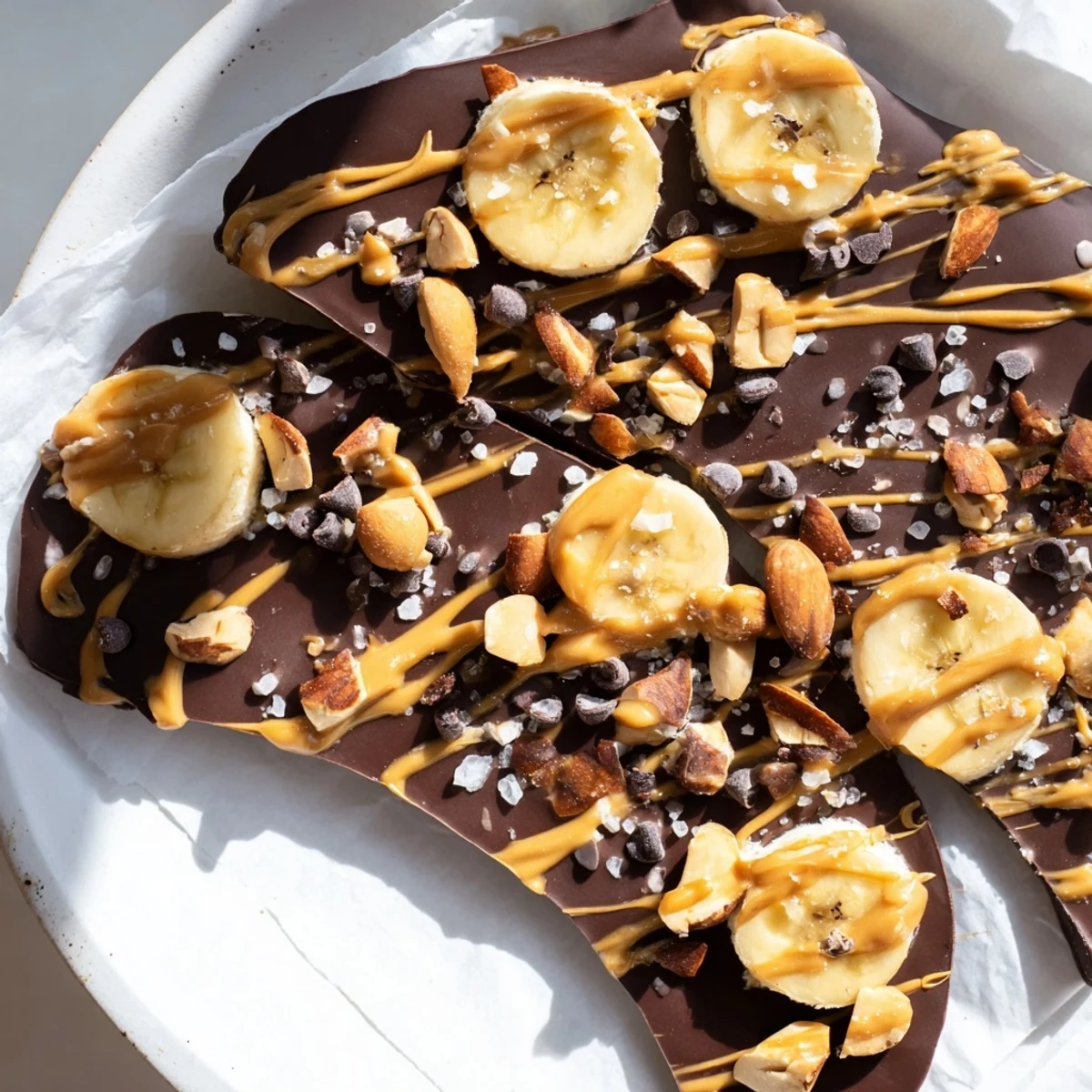 Crunchy frozen chocolate banana bark broken into rustic shards with mini chocolate chips and sea salt