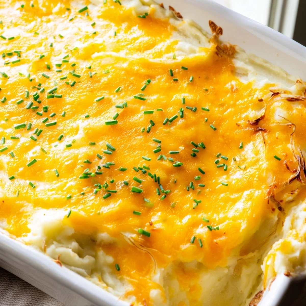Creamy cheesy onion mashed potato casserole topped with melted cheddar and caramelized onions