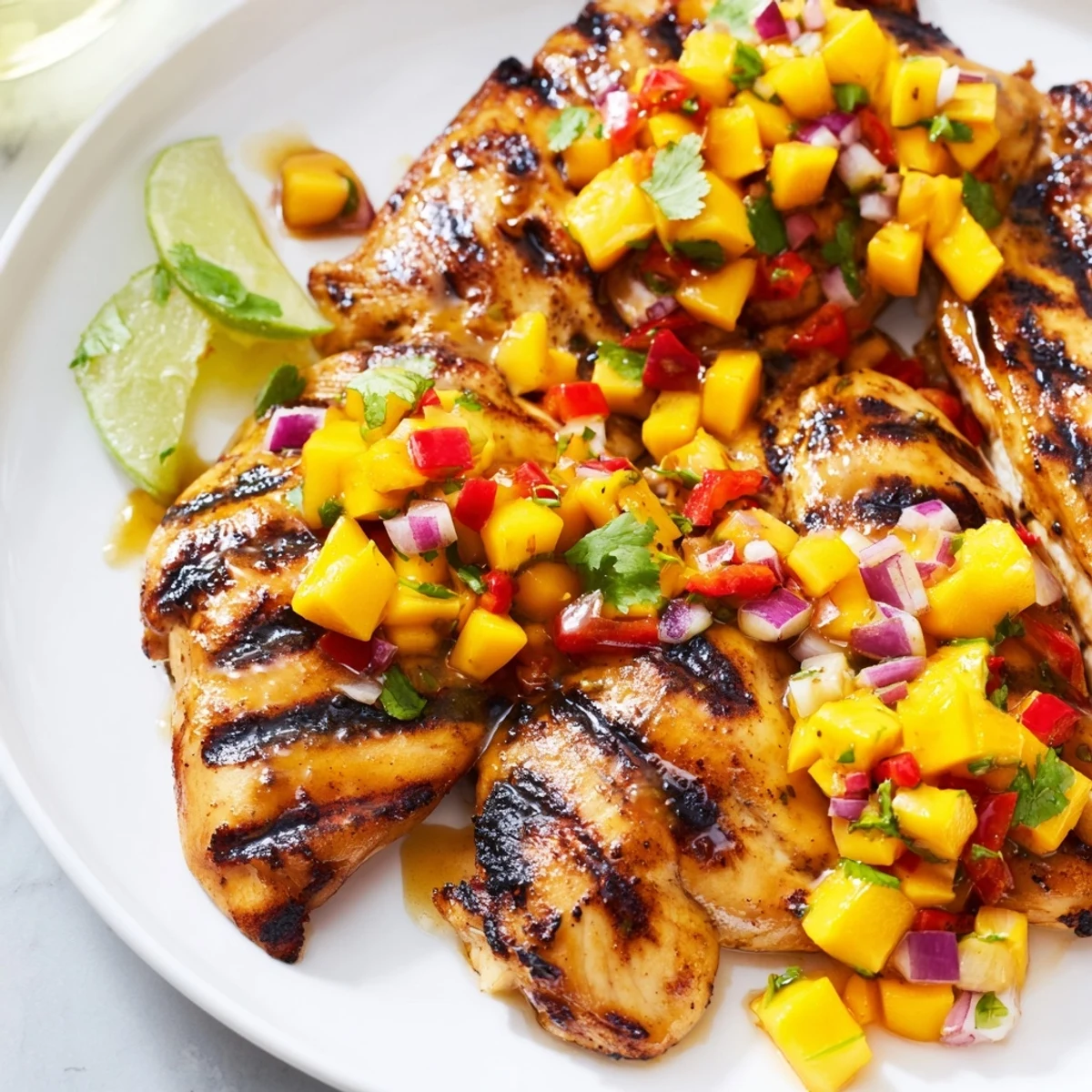 Grilled honey lime chicken with vibrant mango salsa on a white plate