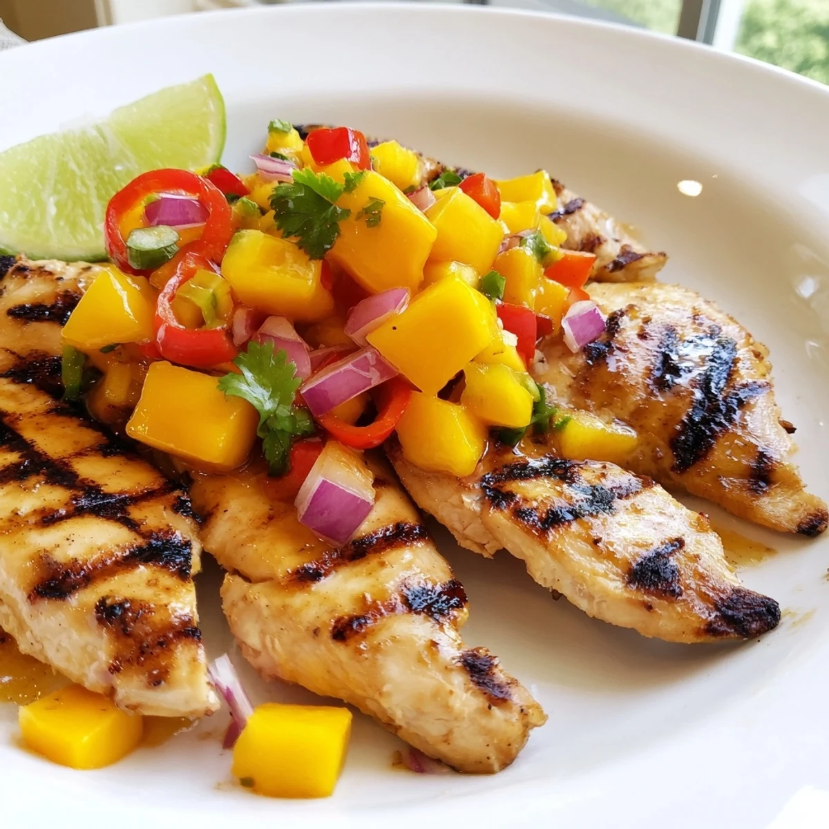 Juicy honey lime chicken sliced and topped with colorful tropical mango salsa