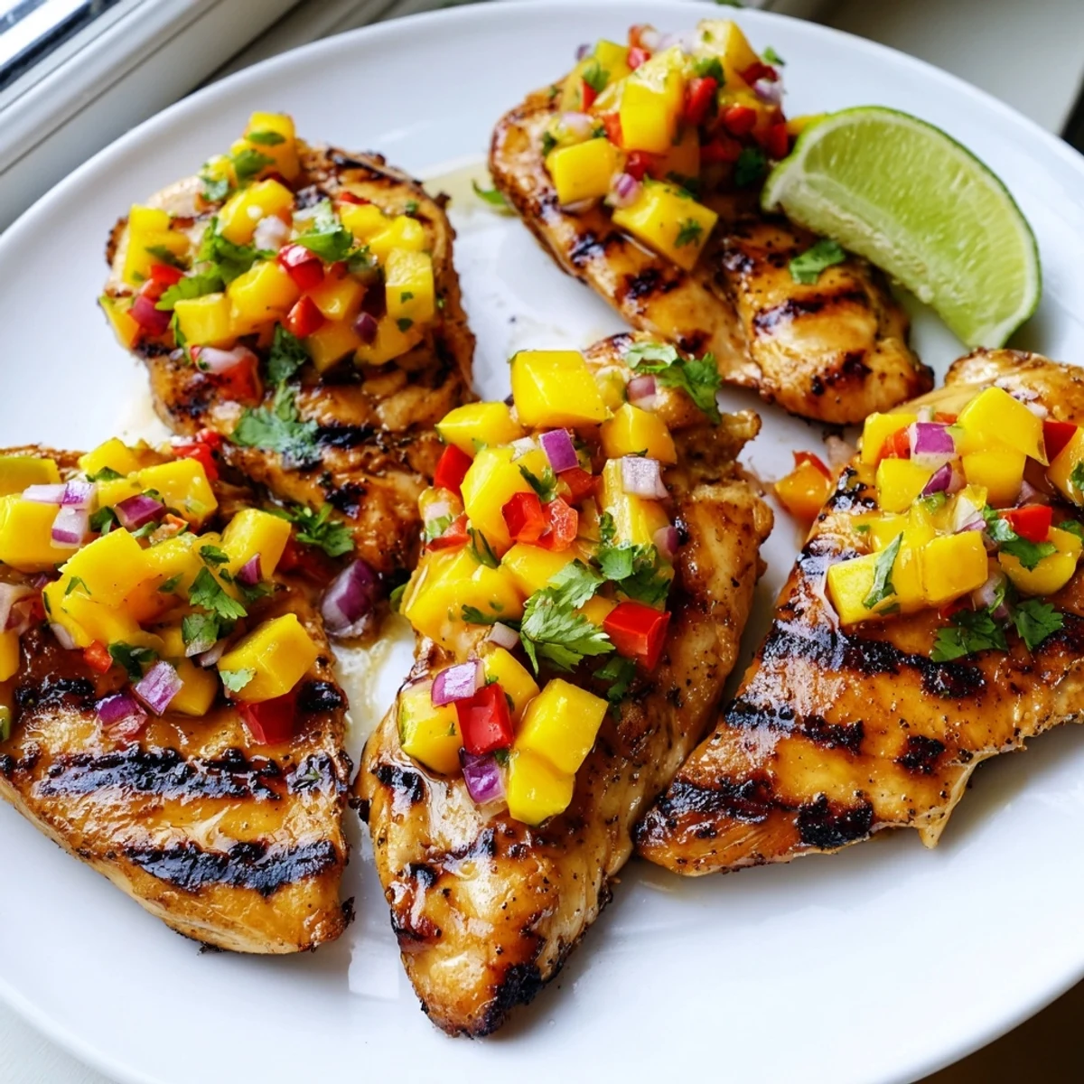 Golden honey lime chicken breasts served alongside fresh mango salsa with cilantro