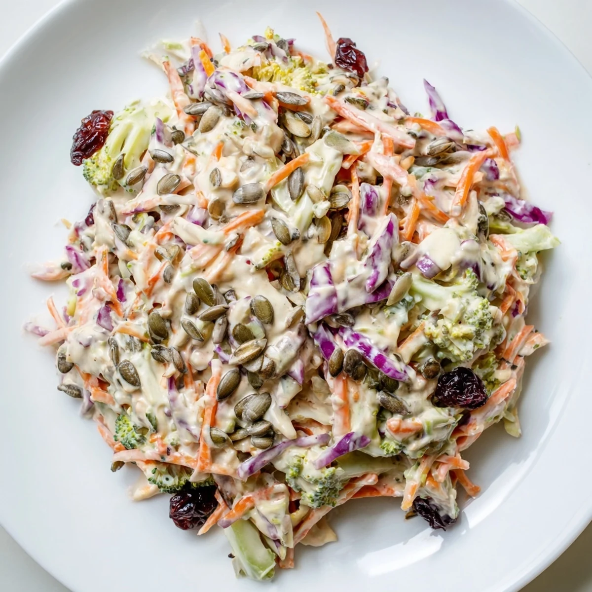 Creamy broccoli slaw with cranberries and sunflower seeds in a tangy dressing