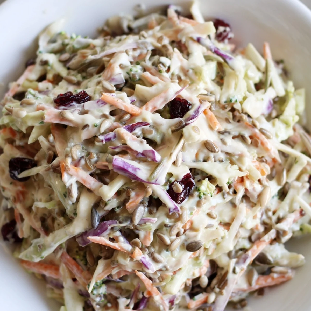 Vibrant broccoli slaw tossed with shredded carrots, red cabbage, and creamy mustard dressing