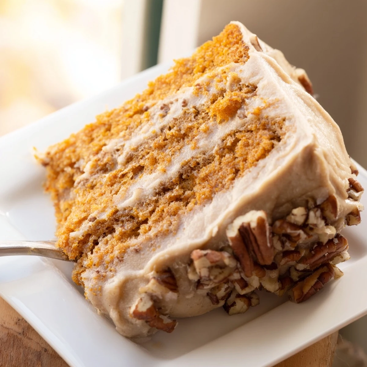 A thick slice of pumpkin pecan cake with swirls of cinnamon cream cheese icing on a rustic plate.