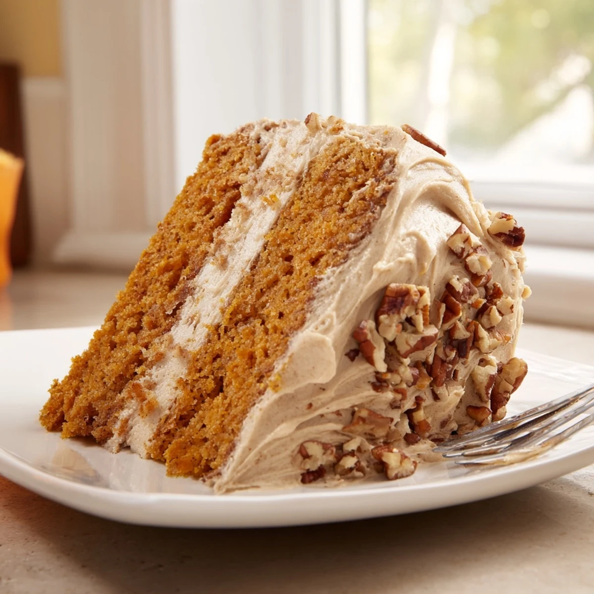 Warm spiced pumpkin pecan cake topped with fluffy cinnamon icing, garnished with extra toasted pecan pieces.