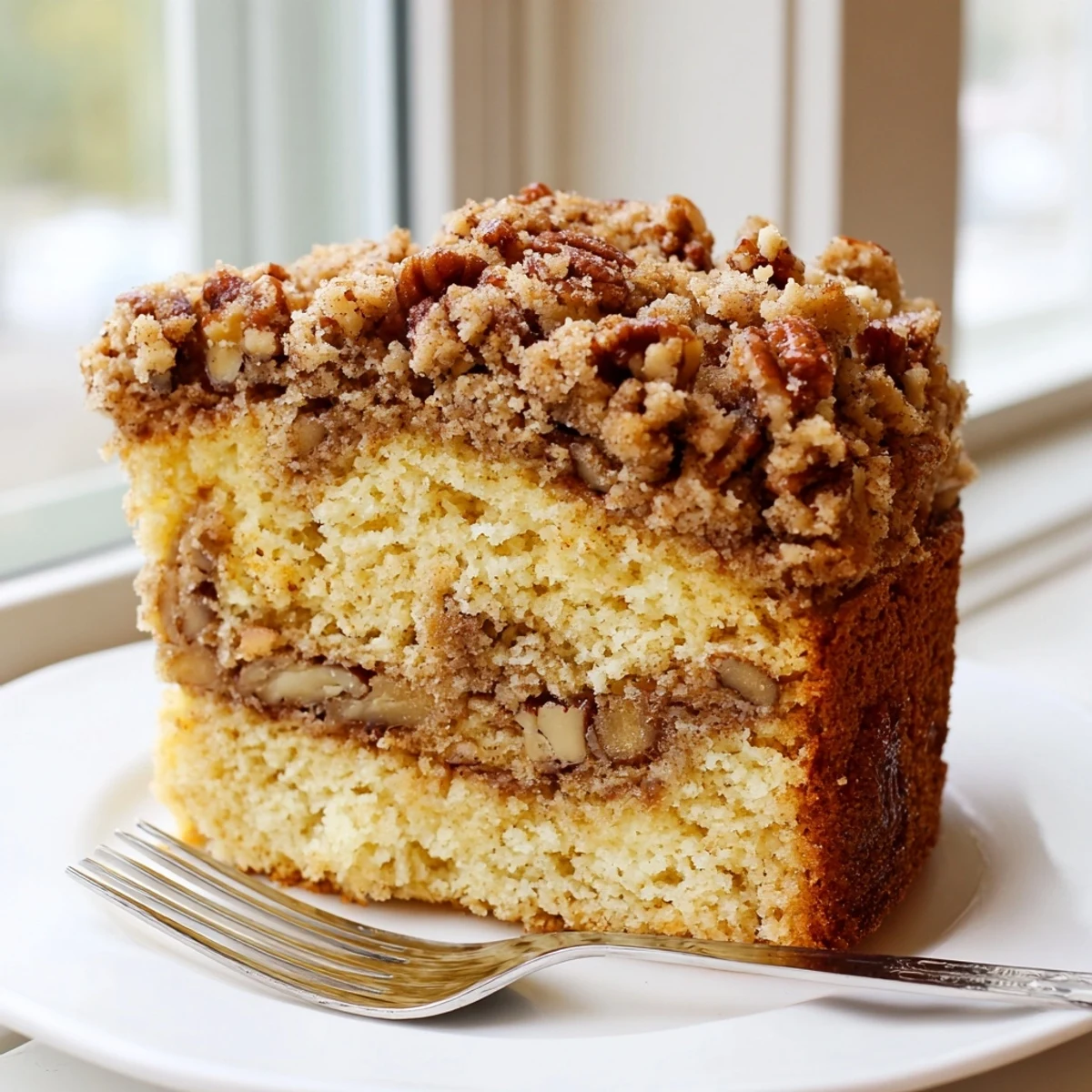 Warm cinnamon pecan crunch coffee cake sliced on a rustic wooden cutting board