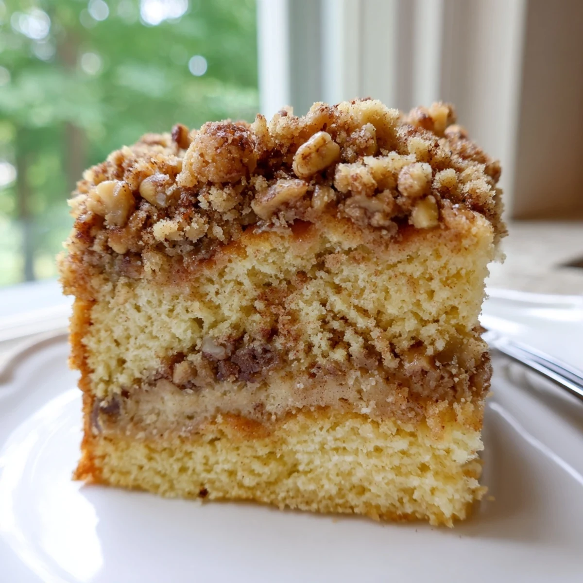 Moist cinnamon pecan crunch coffee cake served on a plate beside fresh coffee