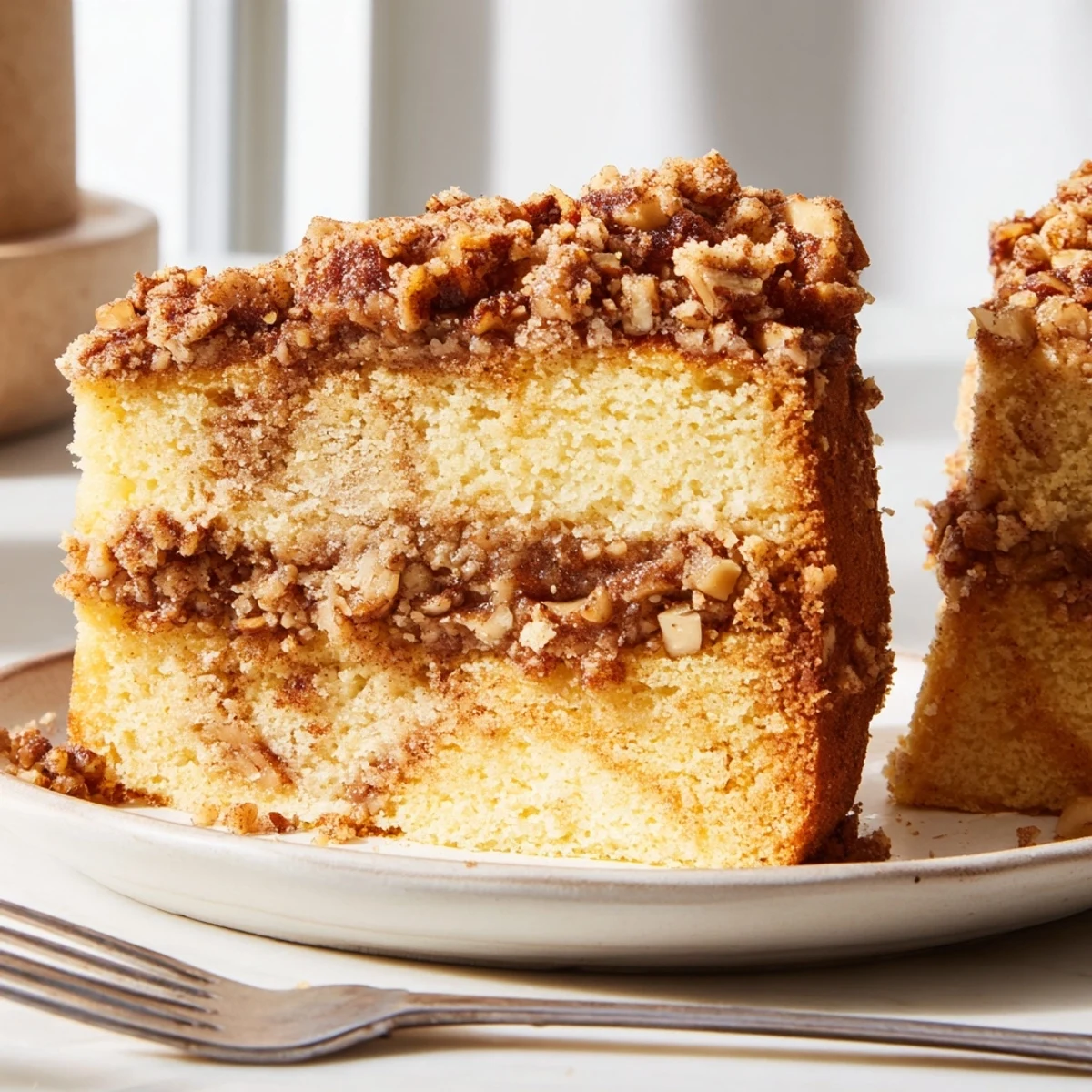 Golden cinnamon pecan crunch coffee cake topped with a crumbly sugary pecan streusel
