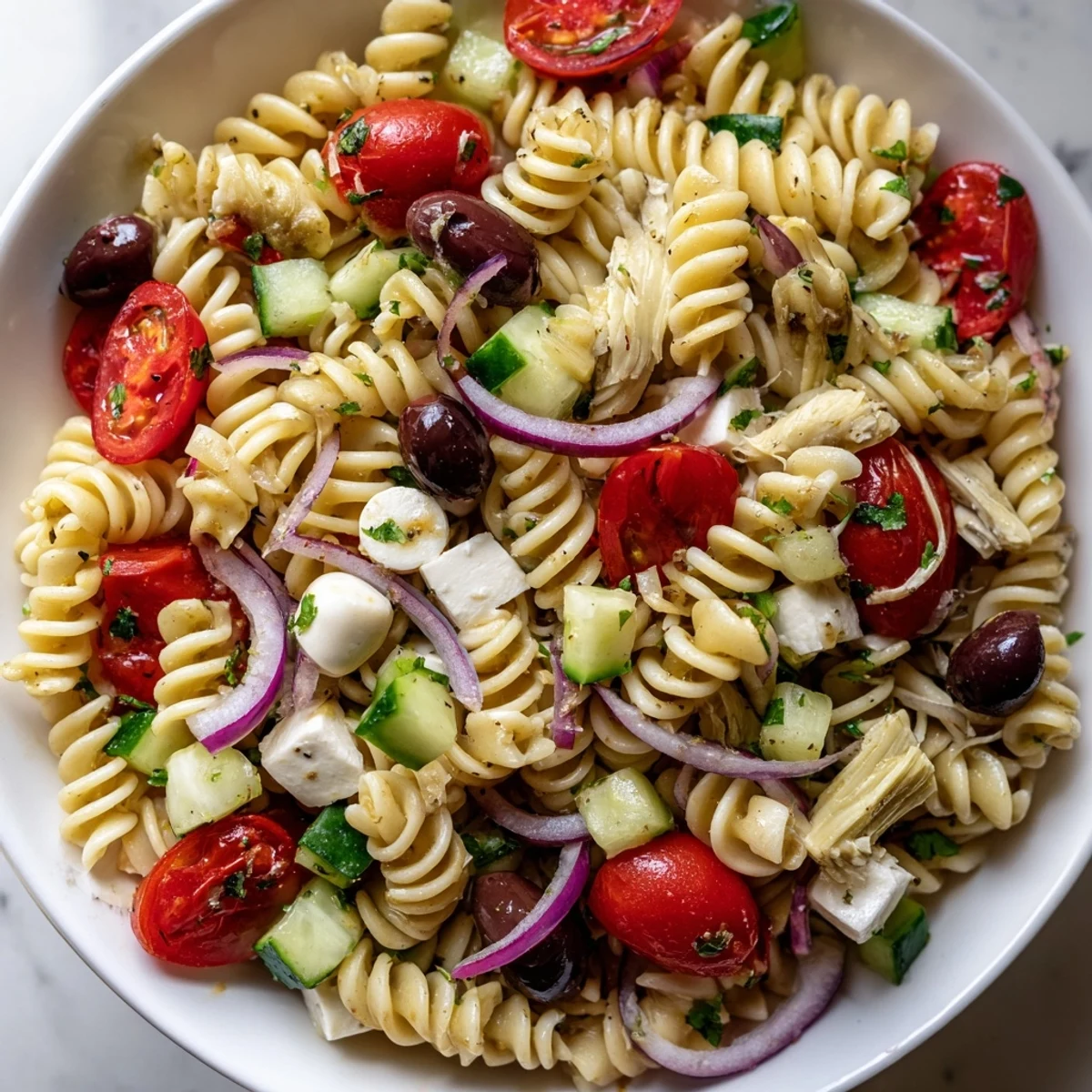 Colorful vegetarian Italian pasta salad loaded with fresh vegetables, olives, and mozzarella pearls.