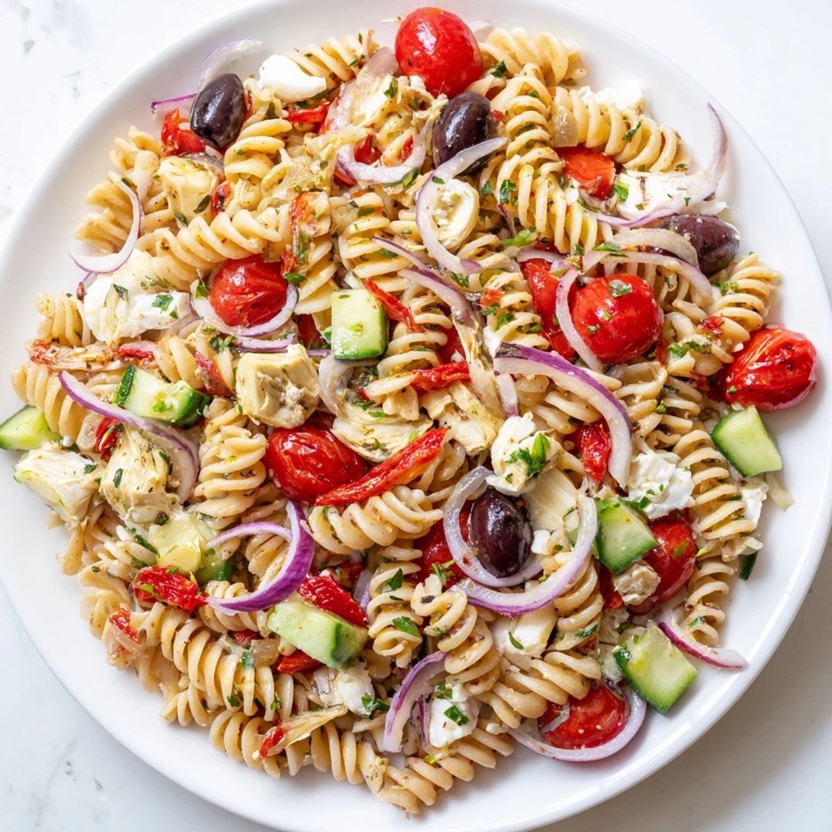 Tangy Italian pasta salad tossed with crisp peppers, cherry tomatoes, and herb dressing.