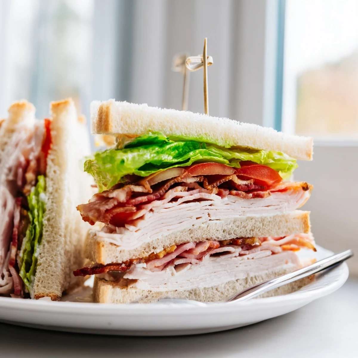 Classic club sandwich stacked with turkey, bacon, lettuce, and tomato on toasted bread