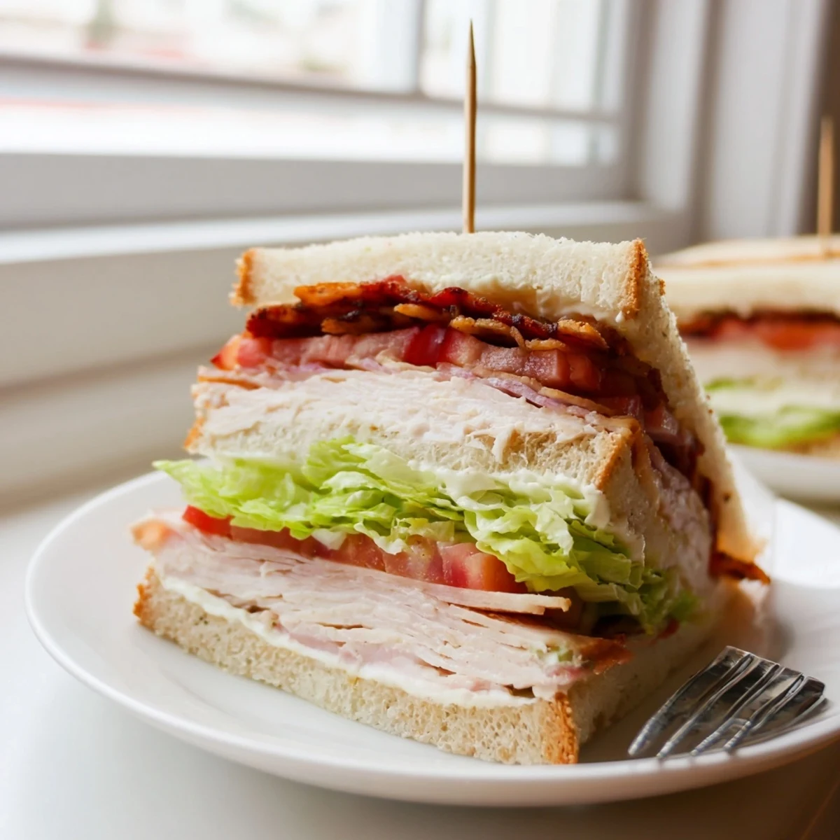Triple-decker club sandwich featuring crisp bacon, fresh veggies, and creamy mayonnaise layers