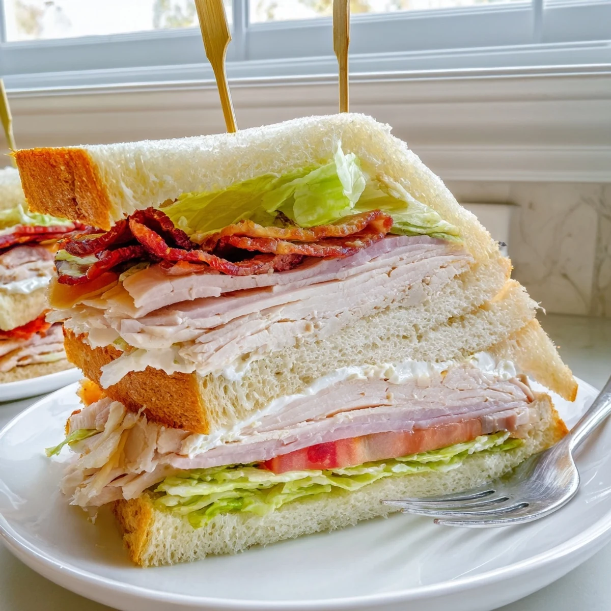 Golden toasted club sandwich cut into quarters revealing layers of tender meat and crisp lettuce