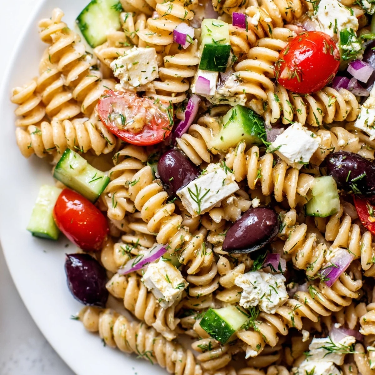 Colorful Greek pasta salad with feta, olives, and crisp vegetables in a bright bowl