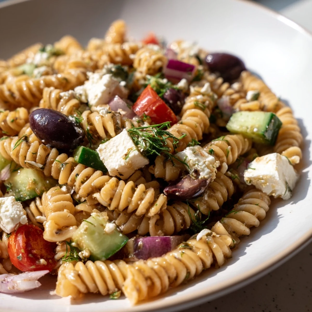 Greek pasta salad served cold, topped with crumbled feta and fresh chopped parsley
