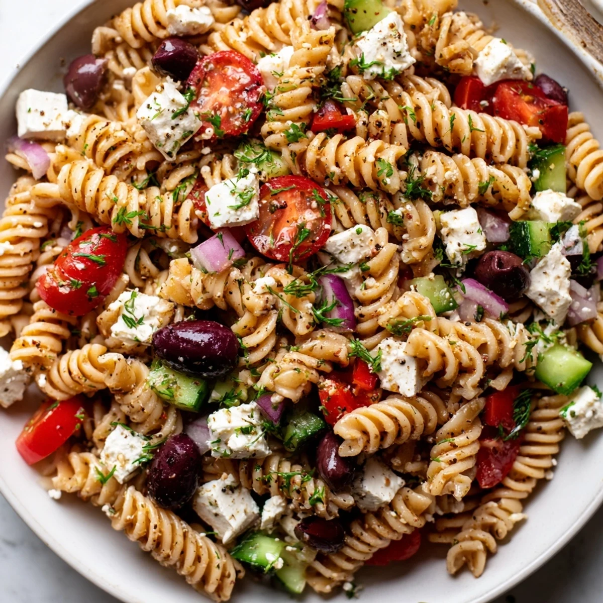 Greek pasta salad tossed with juicy tomatoes, cucumbers, and tangy lemon herb dressing