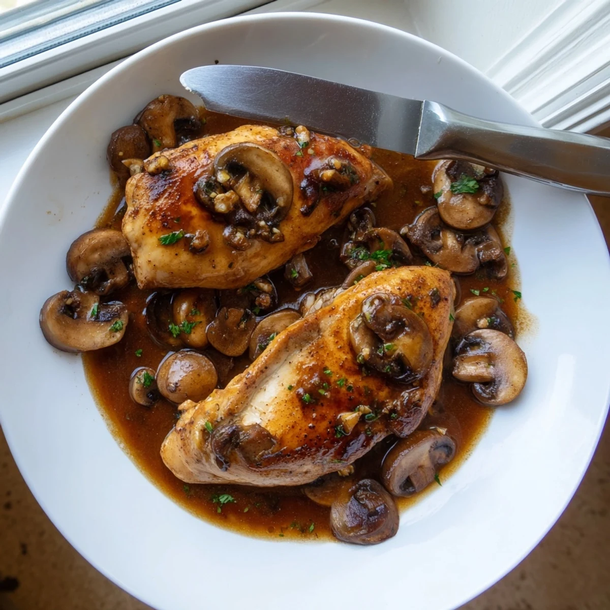 Golden seared dairy free one pan chicken marsala smothered in a savory mushroom wine sauce