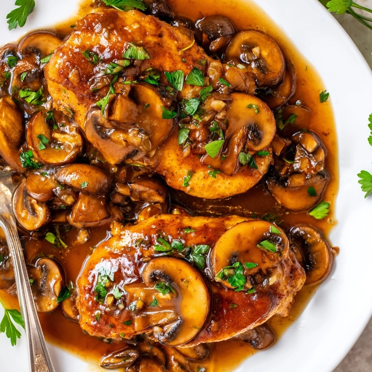 Dairy free one pan chicken marsala with tender pan-fried breasts and earthy cremini mushrooms
