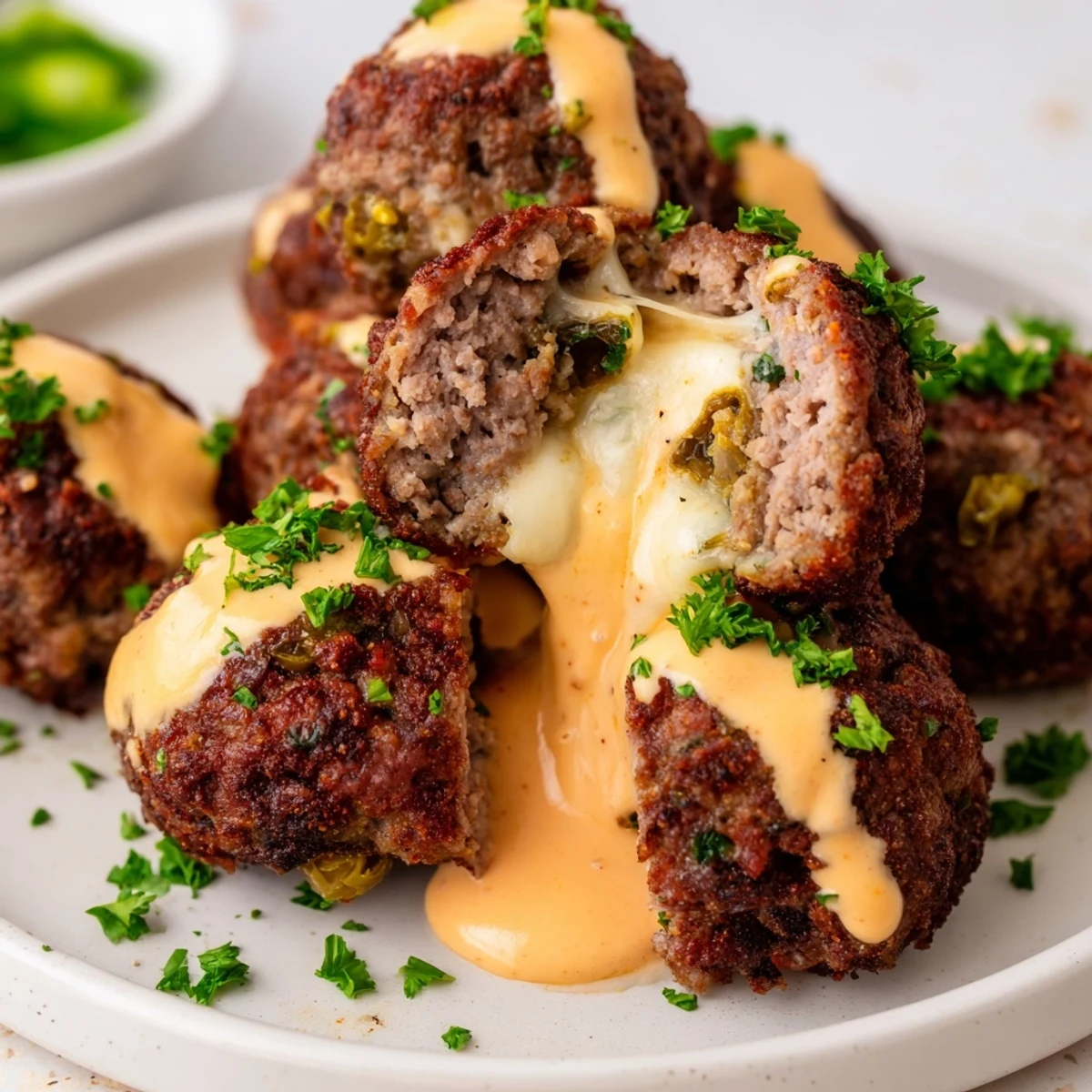 Golden baked cheese stuffed meatballs drizzled with creamy spicy cheese sauce on a white plate