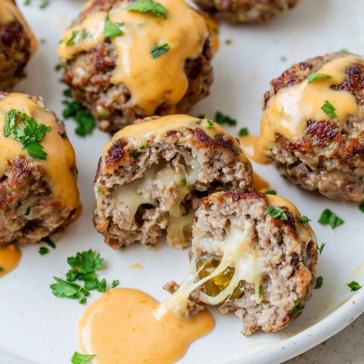 Cheese stuffed meatballs with spicy cheese sauce served over pasta in a rustic bowl