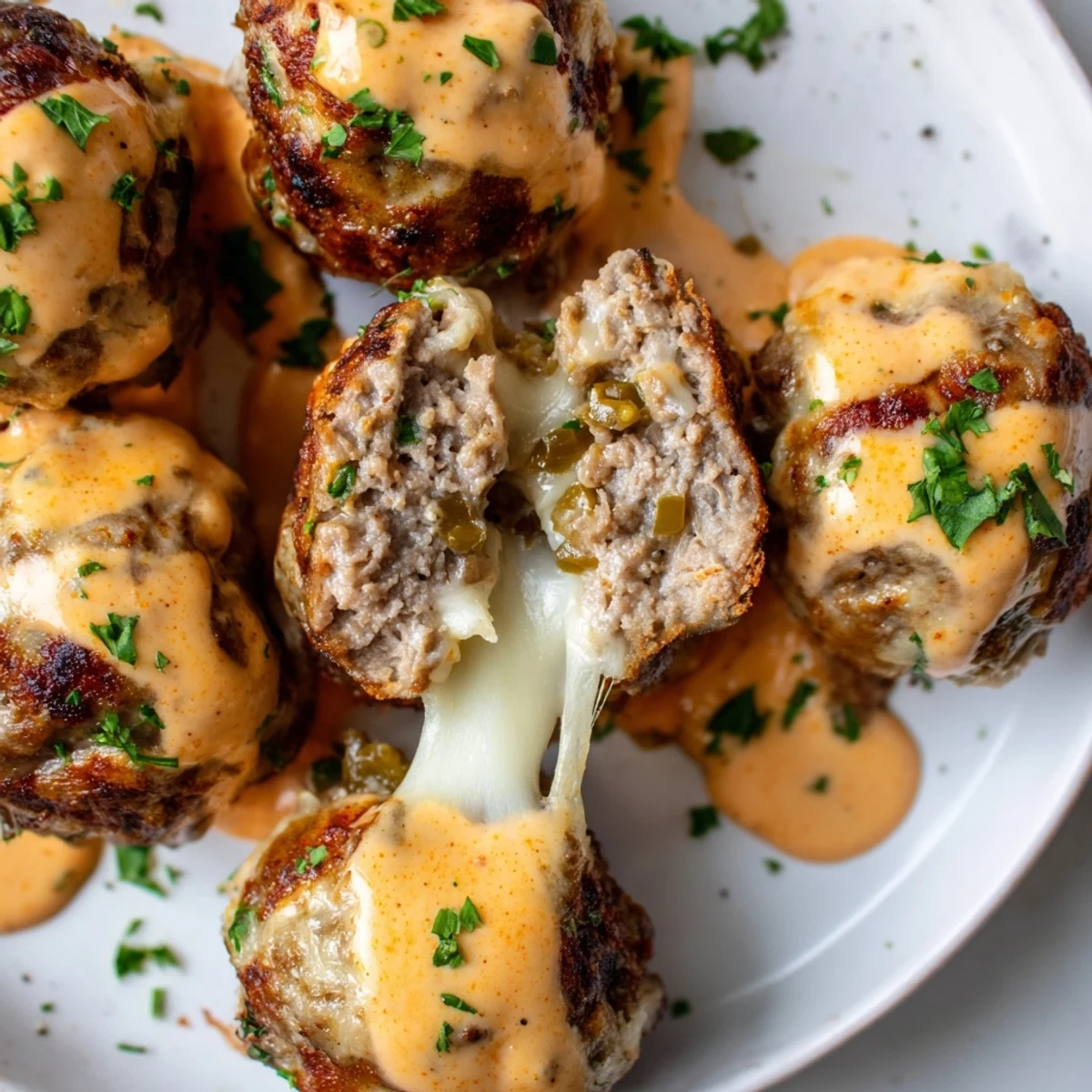 Close-up of gooey cheese stuffed meatballs smothered in rich spicy cheese sauce with fresh parsley