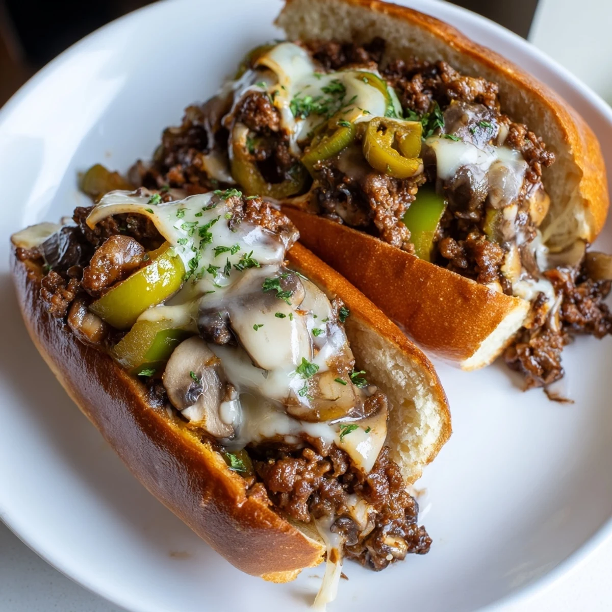 Cheesy Philly Sloppy Joes piled high with melted provolone on golden toasted brioche buns