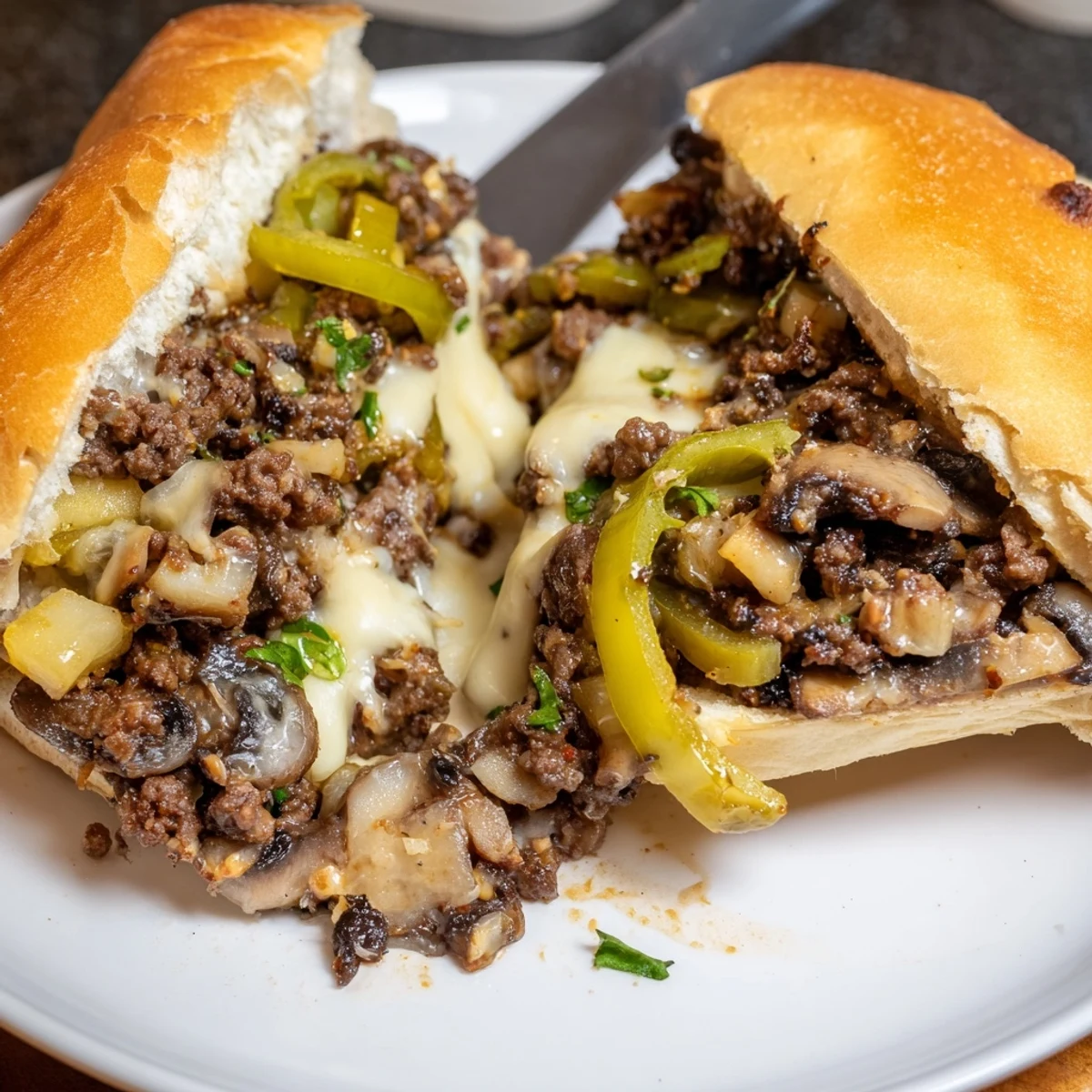 Juicy ground beef and sautéed peppers smothered in cheese for Cheesy Philly Sloppy Joes