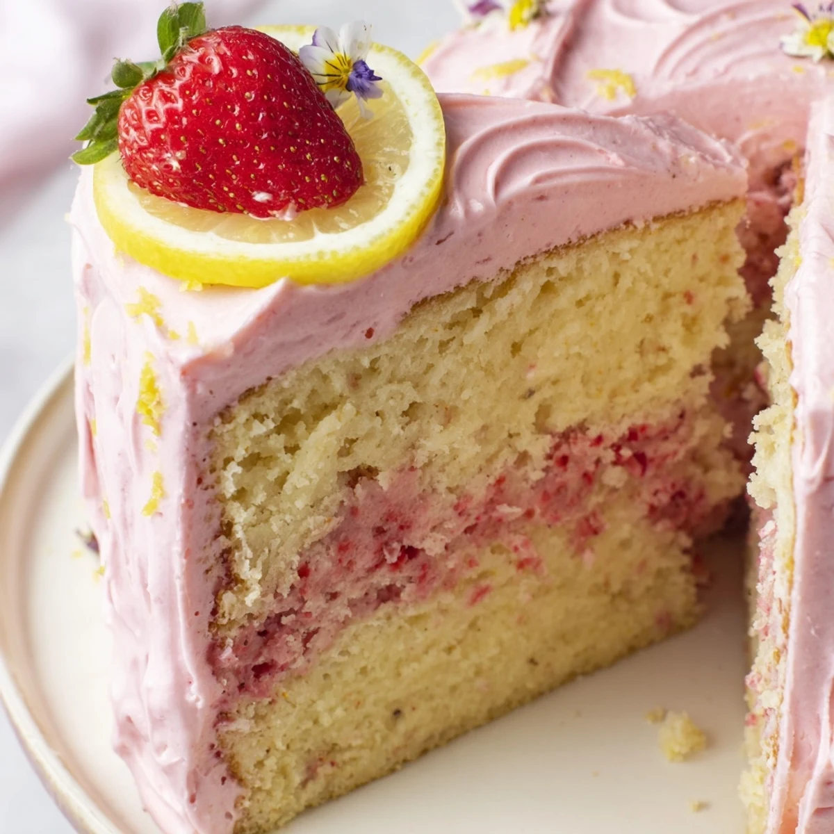 A slice of strawberry lemonade cake topped with pink frosting and fresh berry garnish on a white plate