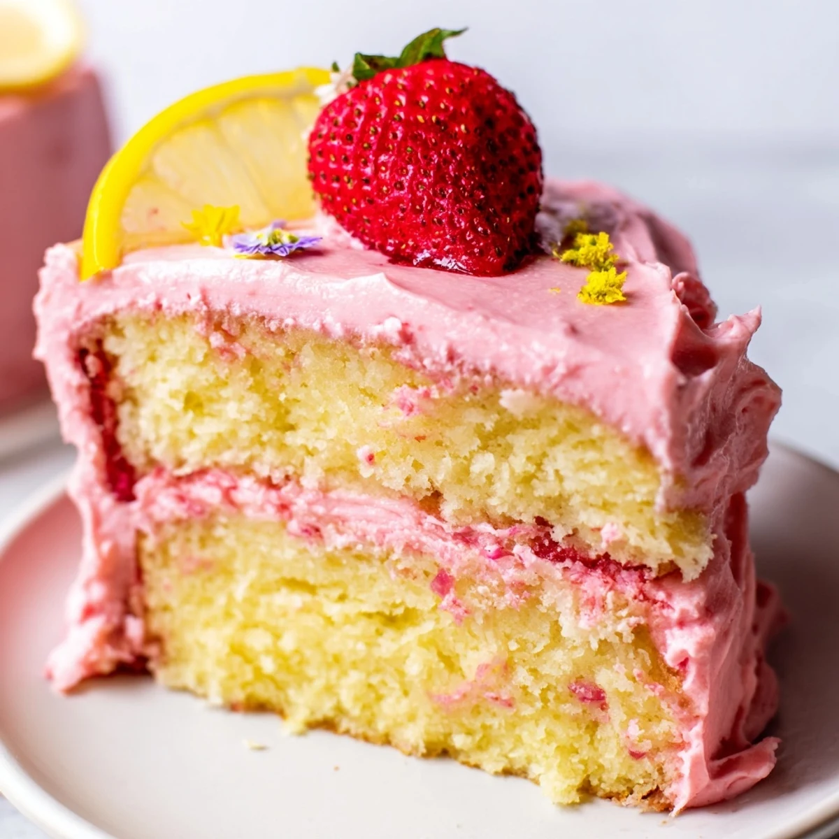 Moist strawberry lemonade cake layered with creamy citrus frosting drizzled with bright red strawberry puree