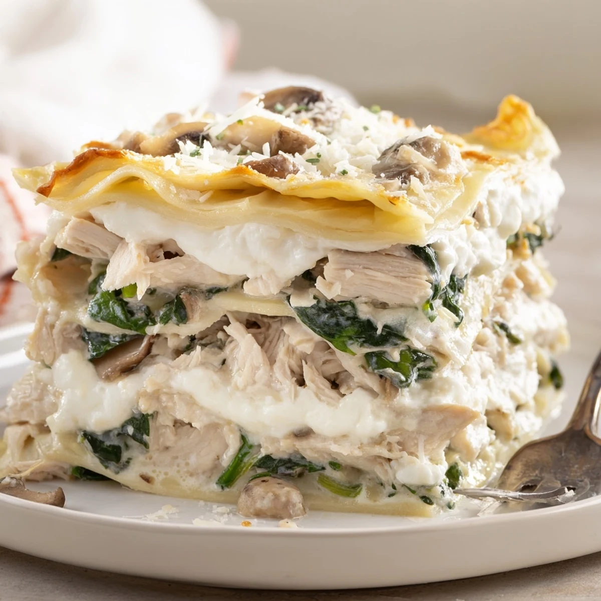Golden bubbly white chicken lasagna with layers of creamy sauce and melted mozzarella cheese