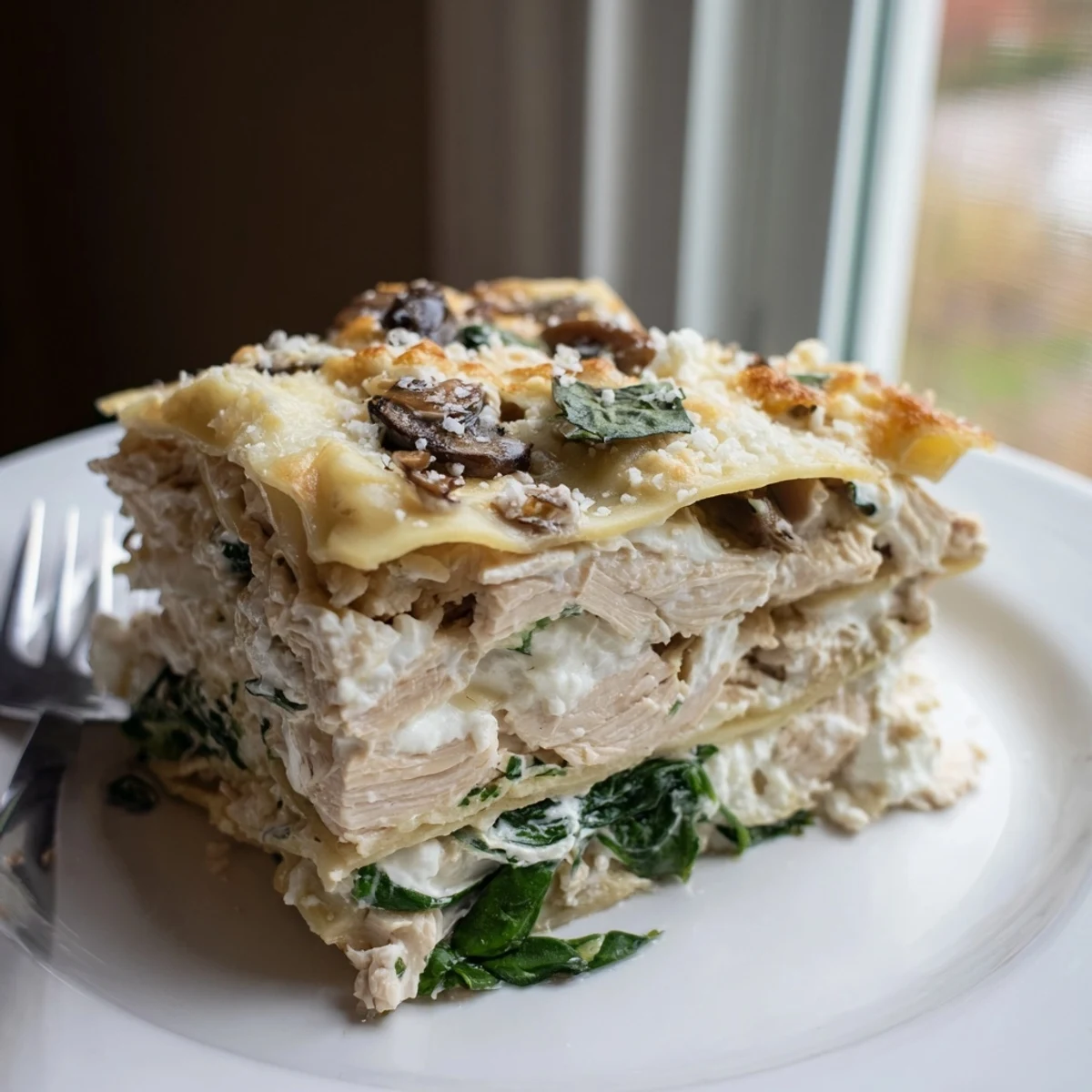 Creamy white chicken lasagna layered with tender shredded chicken spinach and gooey ricotta