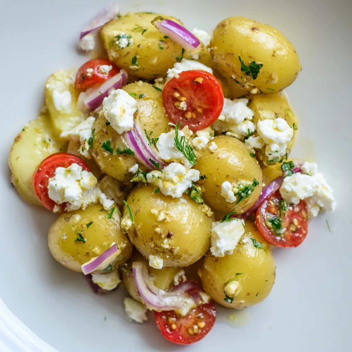 Warm potato and feta salad tossed with cherry tomatoes and herbs