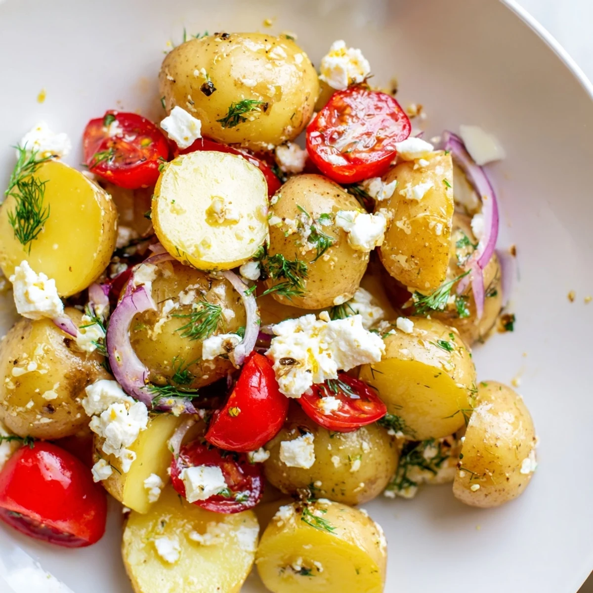 Creamy potato and feta salad topped with crumbled cheese and fresh dill