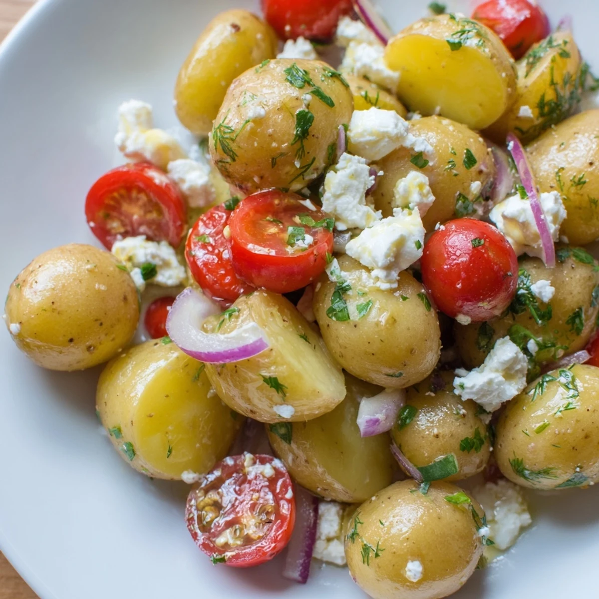 Bite-sized potatoes with tangy feta and lemon dressing in a rustic bowl