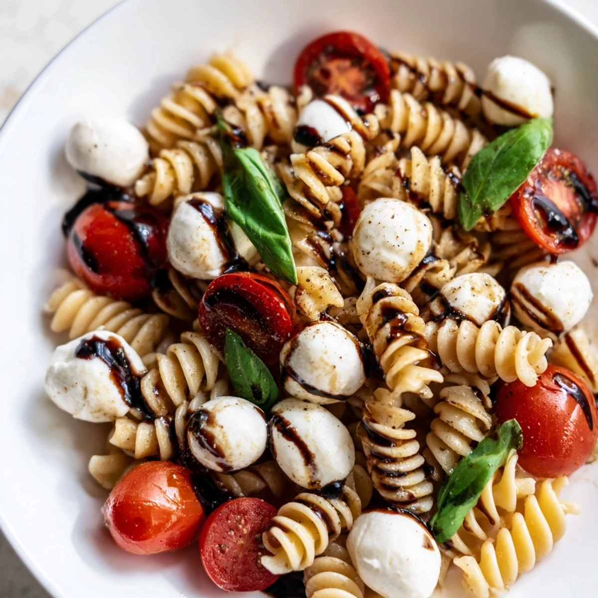Colorful Caprese Pasta Salad with cherry tomatoes, fresh mozzarella, and torn basil leaves