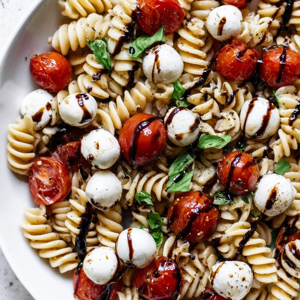 Caprese Pasta Salad drizzled with balsamic glaze in a rustic serving bowl