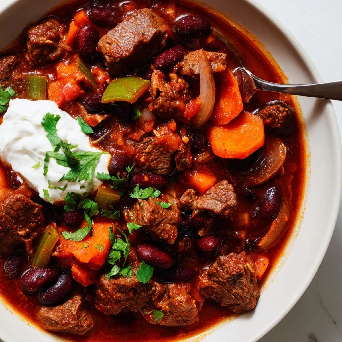 Thick beefy chili stew loaded with tender meat beans and vibrant vegetables