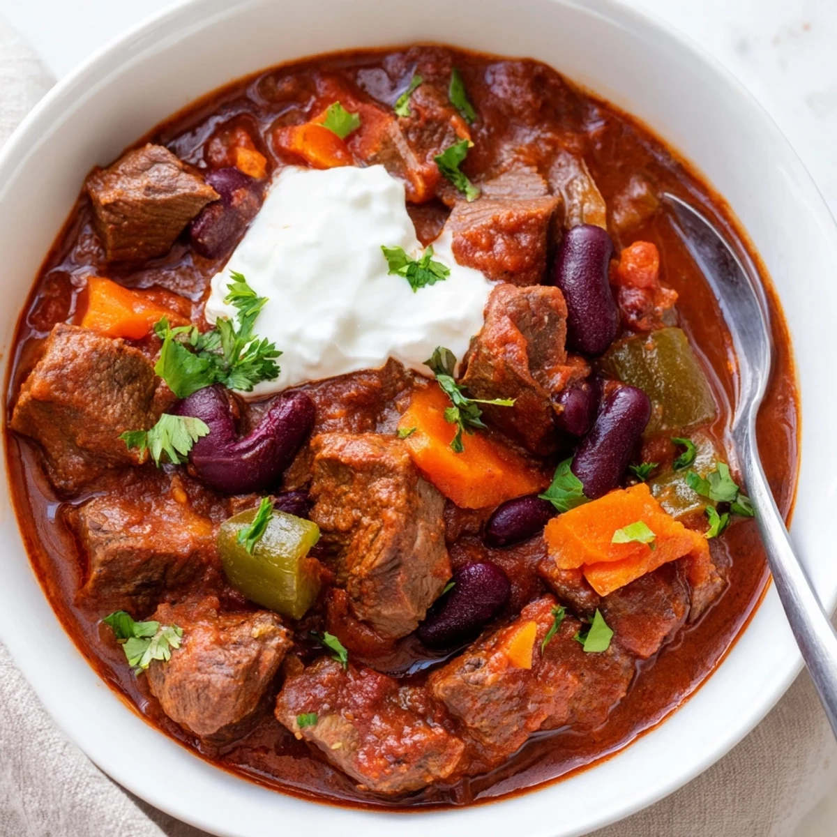 Steaming bowl of beefy chili stew topped with shredded cheese and cilantro