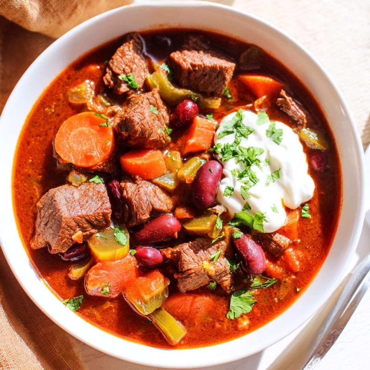 Hearty beefy chili stew served in a rustic bowl with crusty bread