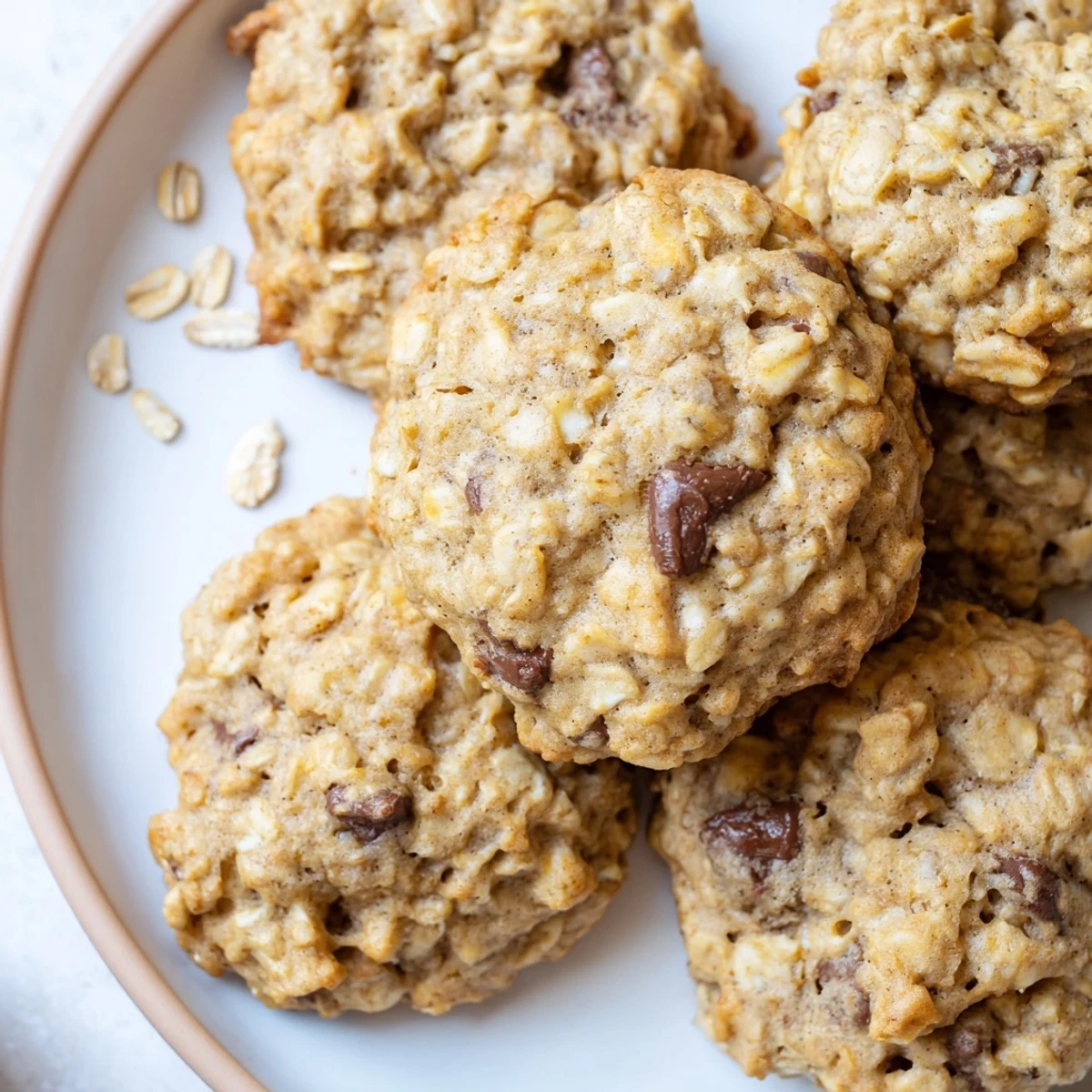Soft chewy banana oatmeal cookies studded with oats cooling on a rustic wire rack