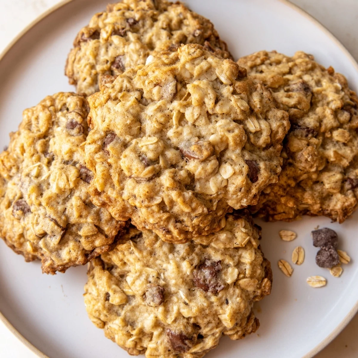 Thick chewy banana oatmeal cookies arranged on a white plate alongside a glass of milk