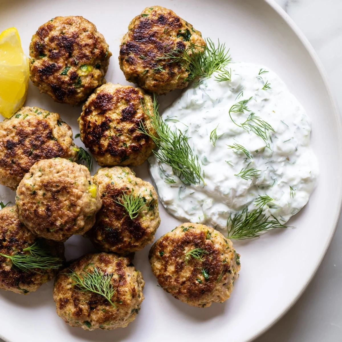 Golden Greek turkey meatballs nestled beside a bowl of cool, creamy tzatziki sauce