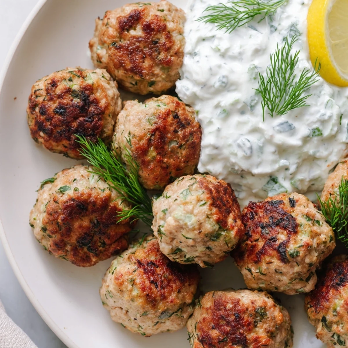 Herb-flecked Greek turkey meatballs drizzled with olive oil and fresh lemon wedges
