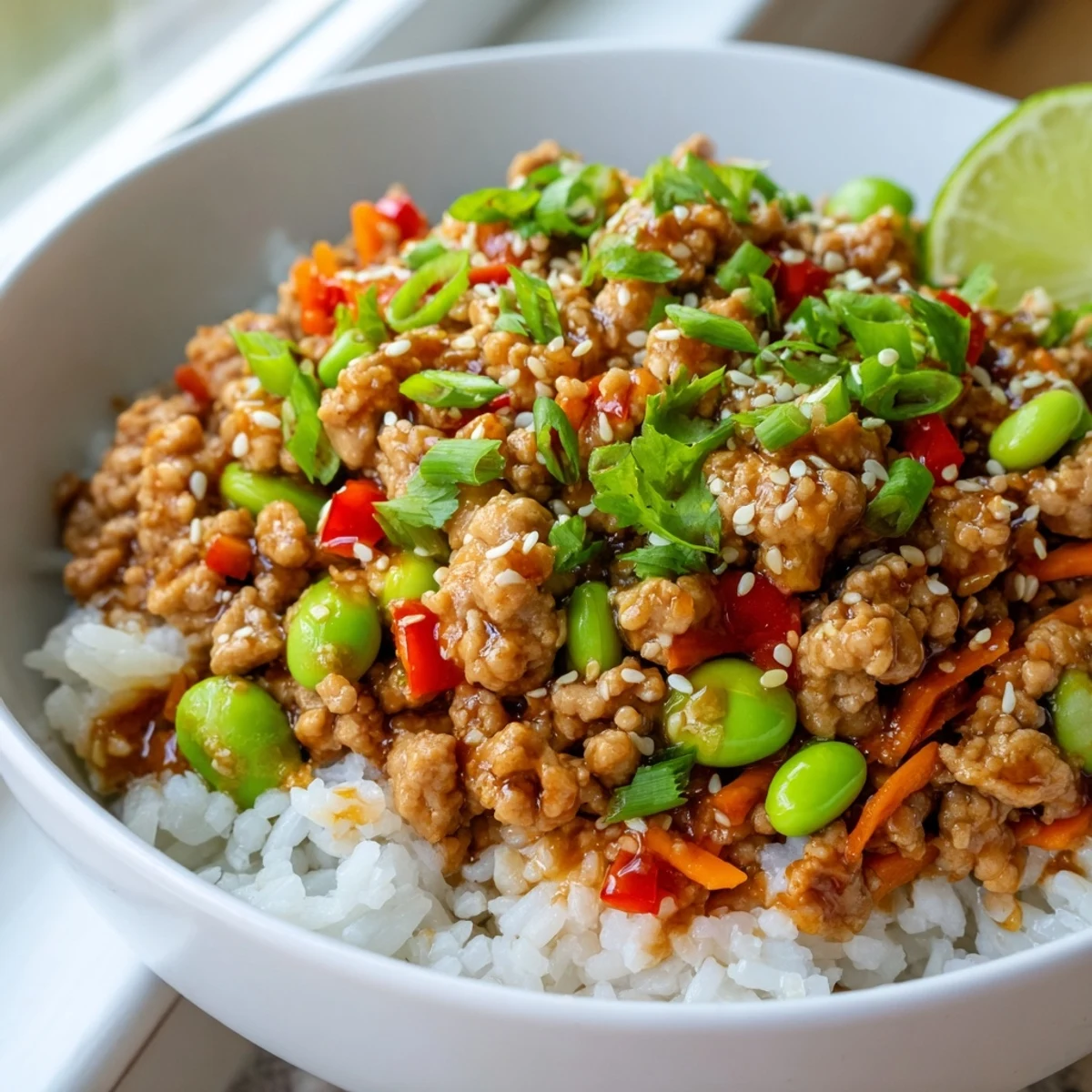 Colorful ground turkey rice bowls with tender vegetables in a glossy soy-ginger sauce