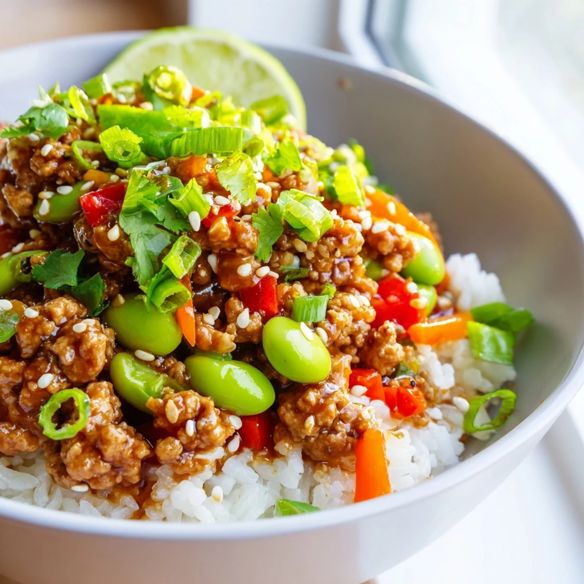 Hearty ground turkey rice bowls topped with sesame seeds, cilantro, and lime wedges